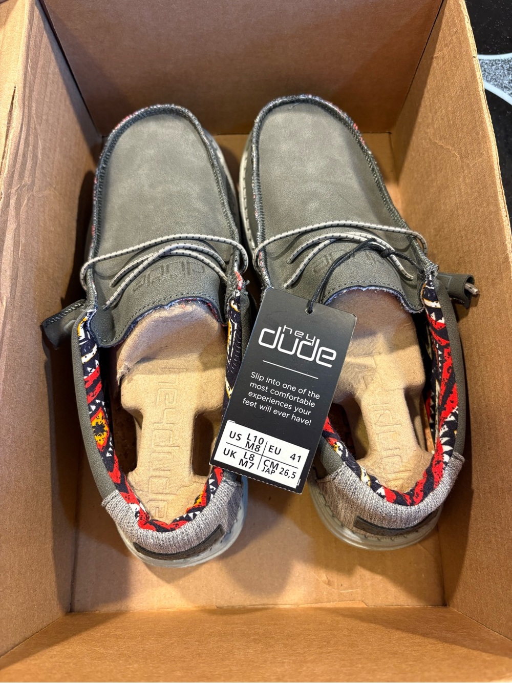 Hey Dude Gray Slip-On Shoes with Red Patterned Trim